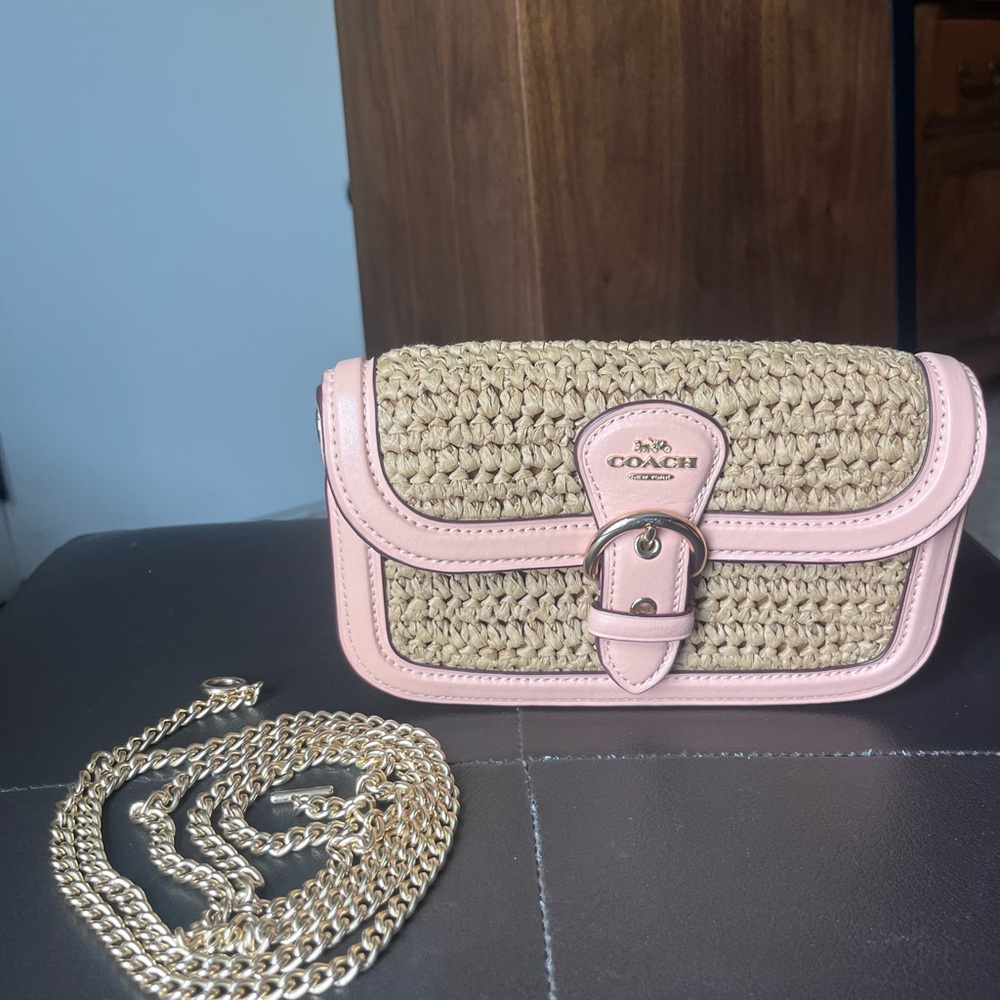 Coach Woven Tan and Pink Buckle Clutch - Picture 8 of 11